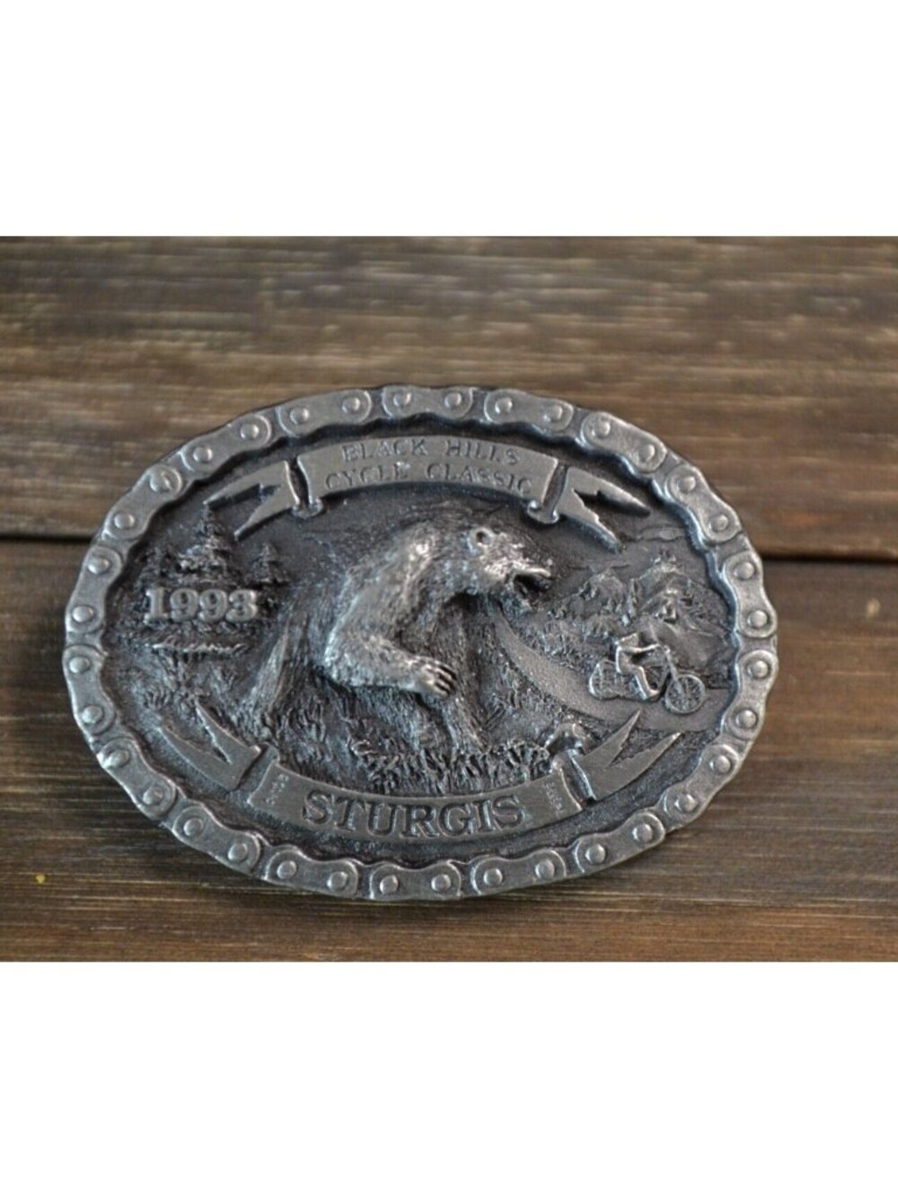 1993 Motorcycle Rally Pin Pewter Sturgis SD Hills Biker Lapel Gear Badge Bear